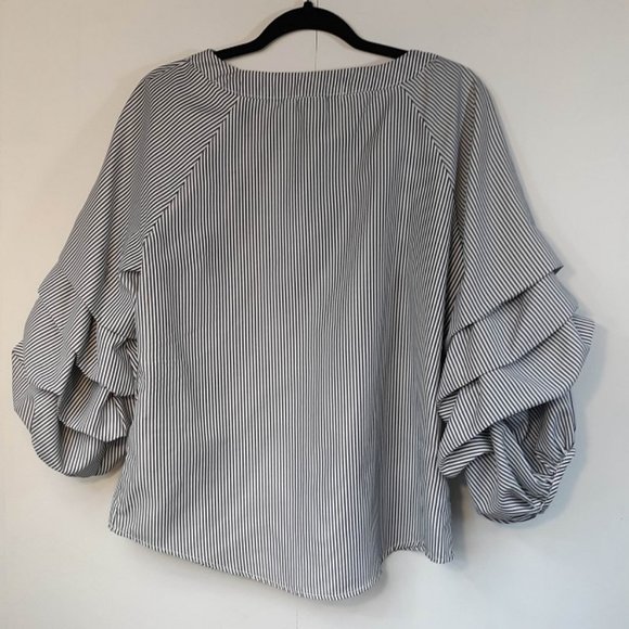SOLD-Kontrol Blouse Women's Med GUC Puffy Sleeve Pearl Accents Stripes Top Shirt - Picture 6 of 8